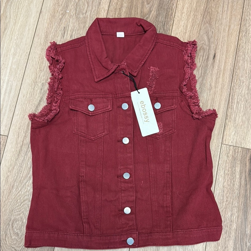 Ebossy wine Red NWT M Sleeveless DISTRESSED Denim Vest